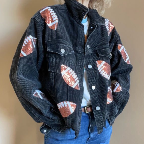 Black Corduroy Jacket with Sequin Football Design - Picture 1 of 5